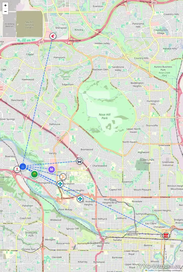 Daily accessibility map for 6427 35 AV NW, Calgary showing nearby schools, grocery stores, parks, LRT stations and nearby amenities