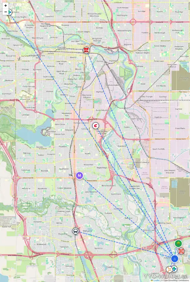 Daily accessibility map for 208 AUBURN SHORES WY SE, Calgary showing nearby schools, grocery stores, parks, LRT stations and nearby amenities