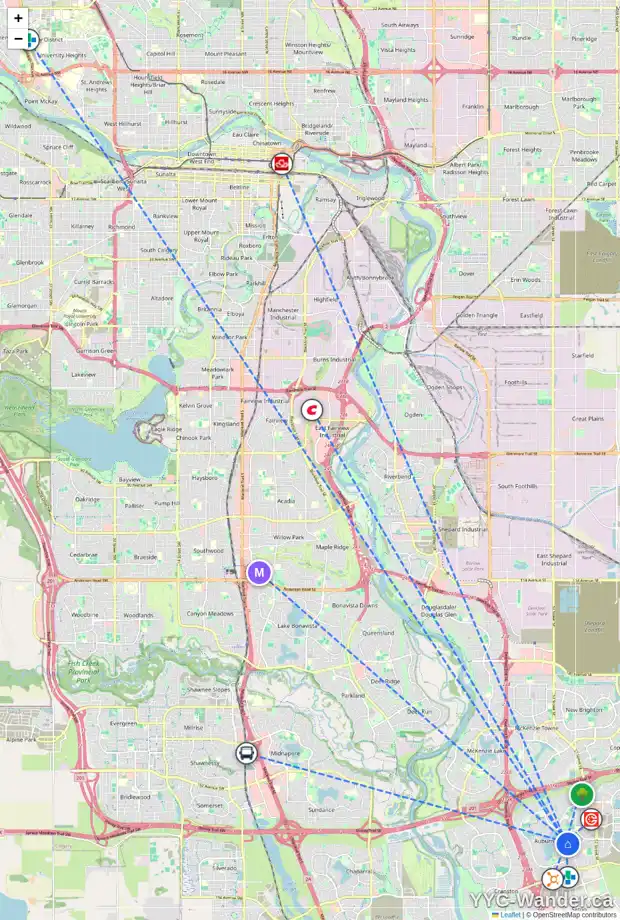 Daily accessibility map for 205 AUBURN SHORES WY SE, Calgary showing nearby schools, grocery stores, parks, LRT stations and nearby amenities