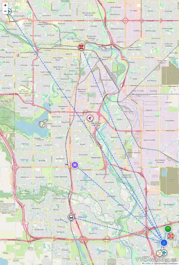 Daily accessibility map for 217 AUBURN SHORES WY SE, Calgary showing nearby schools, grocery stores, parks, LRT stations and nearby amenities