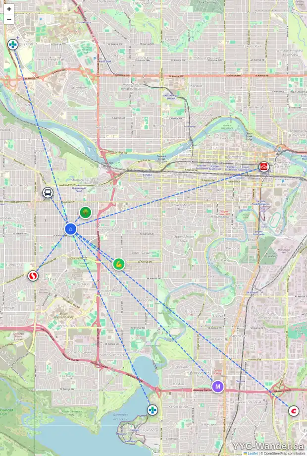 Daily accessibility map for 2914 25 AV SW, Calgary showing nearby schools, grocery stores, parks, LRT stations and nearby amenities