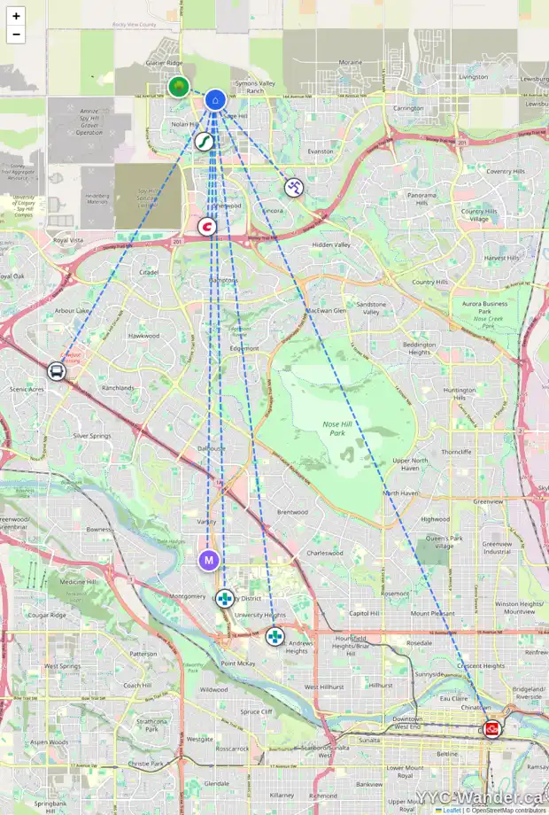 Daily accessibility map for 1302 250 SAGE VALLEY RD NW, Calgary showing nearby schools, grocery stores, parks, LRT stations and nearby amenities