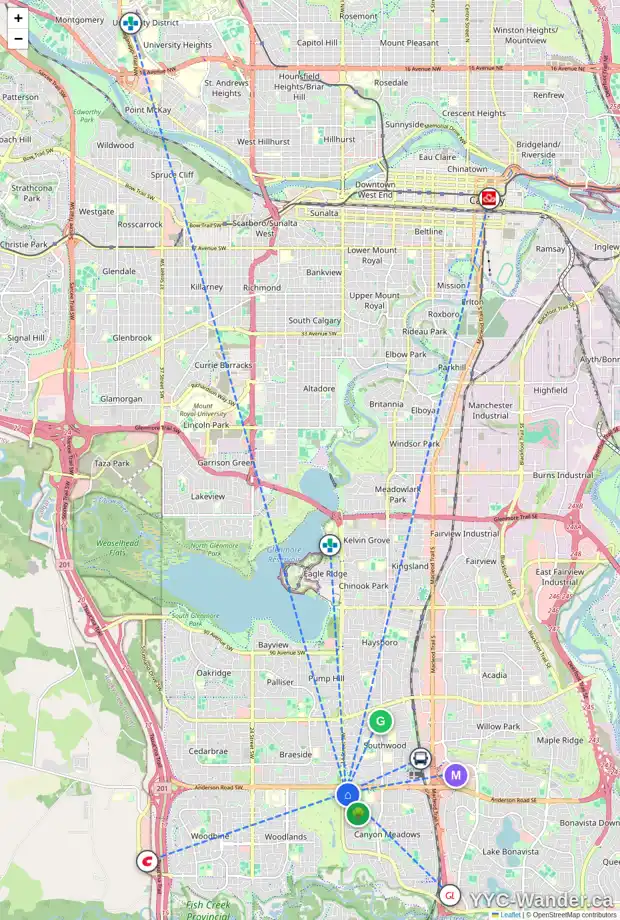 Daily accessibility map for 163 CANTER PL SW, Calgary showing nearby schools, grocery stores, parks, LRT stations and nearby amenities