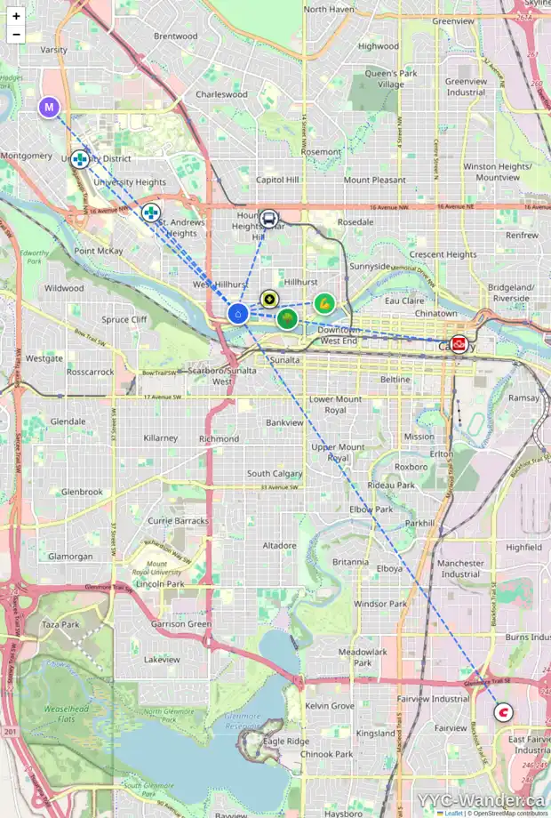 Daily accessibility map for 2213 BOWNESS RD NW, Calgary showing nearby schools, grocery stores, parks, LRT stations and nearby amenities