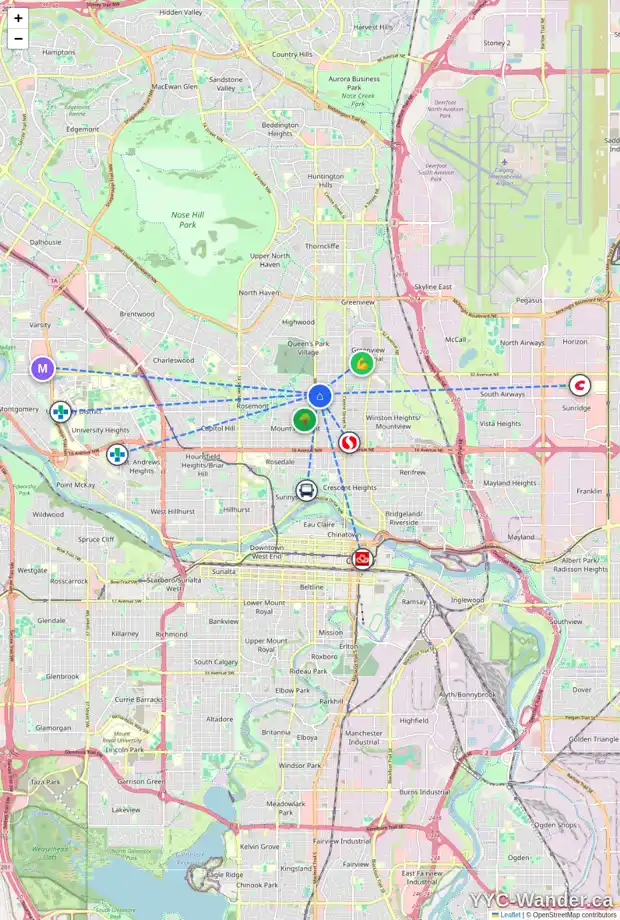 Daily accessibility map for 455 28 AV NW, Calgary showing nearby schools, grocery stores, parks, LRT stations and nearby amenities