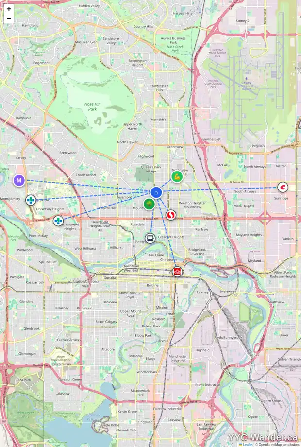 Daily accessibility map for 461 28 AV NW, Calgary showing nearby schools, grocery stores, parks, LRT stations and nearby amenities
