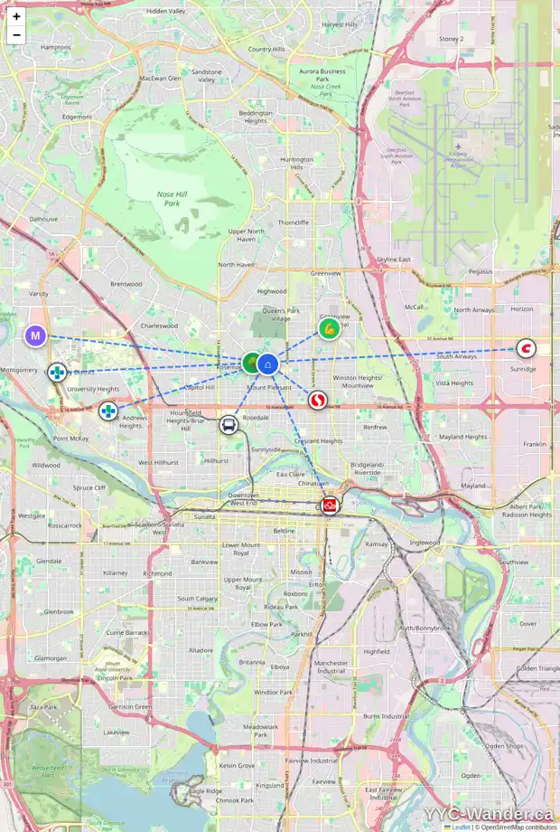 Daily accessibility map for 720 26 AV NW, Calgary showing nearby schools, grocery stores, parks, LRT stations and nearby amenities