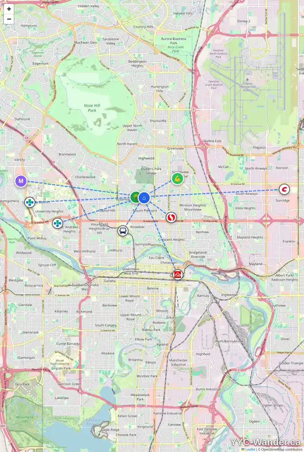 Daily accessibility map for 718 26 AV NW, Calgary showing nearby schools, grocery stores, parks, LRT stations and nearby amenities