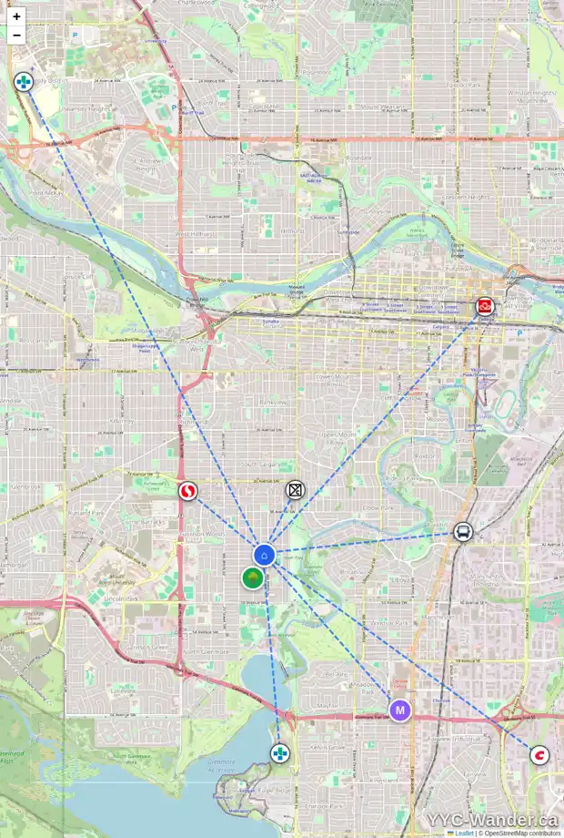 Daily accessibility map for 4410 16A ST SW, Calgary showing nearby schools, grocery stores, parks, LRT stations and nearby amenities