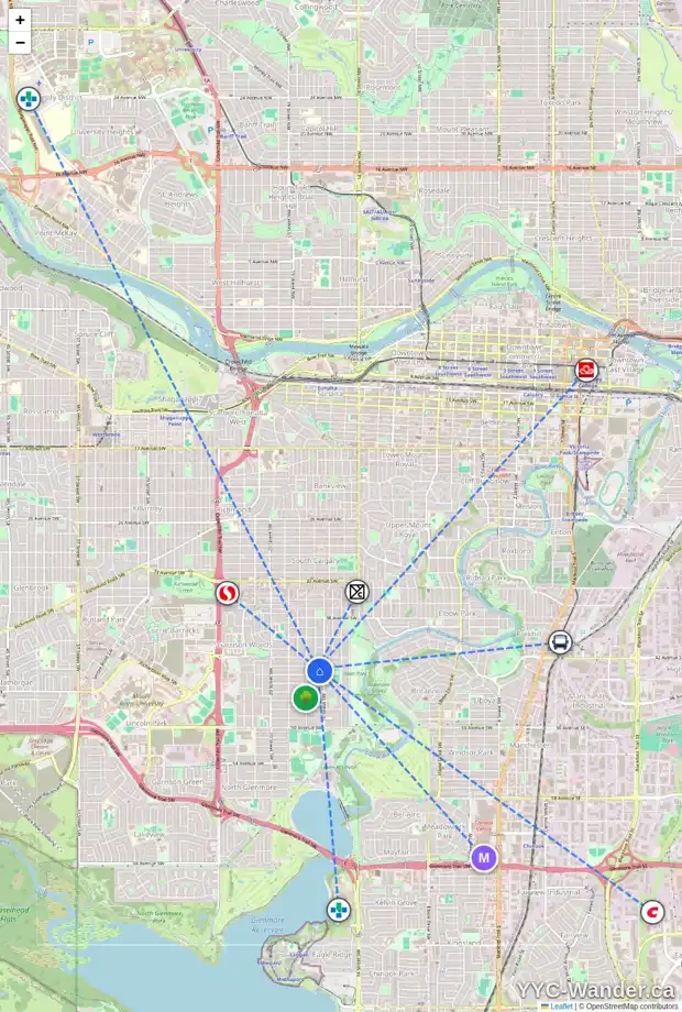 Daily accessibility map for 4412 16A ST SW, Calgary showing nearby schools, grocery stores, parks, LRT stations and nearby amenities