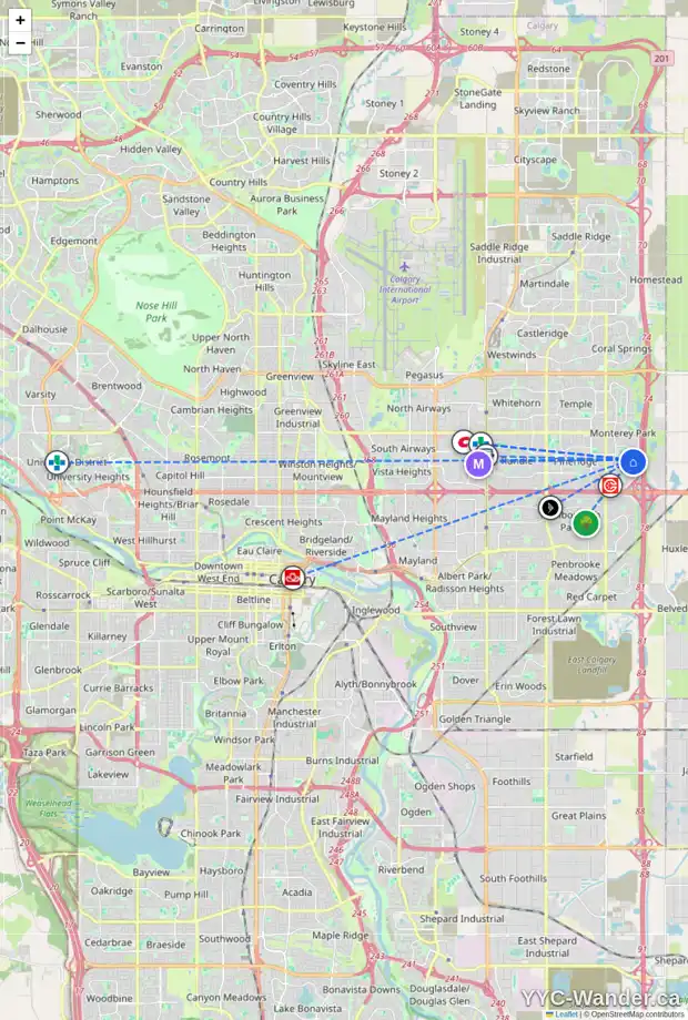 Daily accessibility map for 16 DEL RAY PL NE, Calgary showing nearby schools, grocery stores, parks, LRT stations and nearby amenities