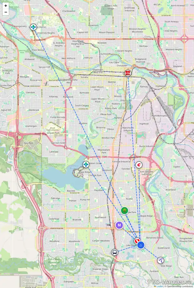 Daily accessibility map for 732 LAKE TWINTREE CR SE, Calgary showing nearby schools, grocery stores, parks, LRT stations and nearby amenities