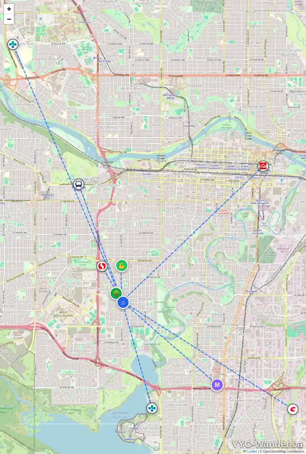 Daily accessibility map for 2050 44 AV SW, Calgary showing nearby schools, grocery stores, parks, LRT stations and nearby amenities