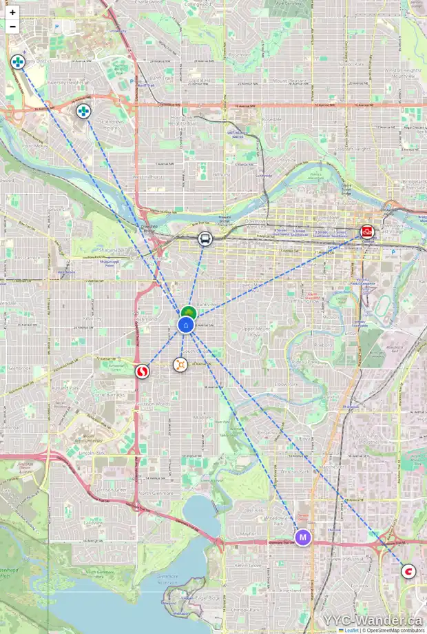 Daily accessibility map for 1912 26 AV SW, Calgary showing nearby schools, grocery stores, parks, LRT stations and nearby amenities