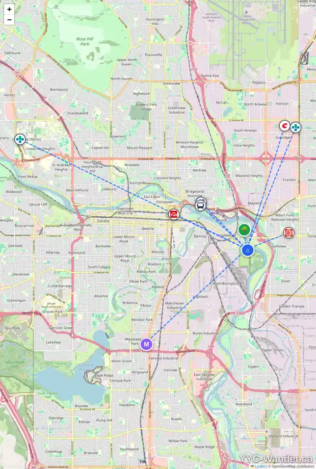 Daily accessibility map for 2212 9 AV SE, Calgary showing nearby schools, grocery stores, parks, LRT stations and nearby amenities