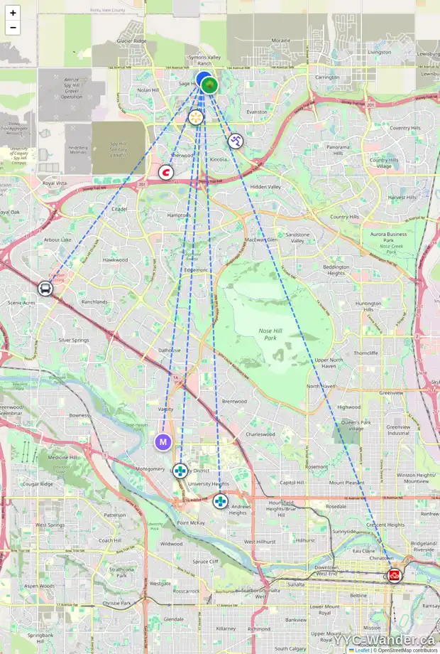 Daily accessibility map for 170 SAGE BLUFF CL NW, Calgary showing nearby schools, grocery stores, parks, LRT stations and nearby amenities