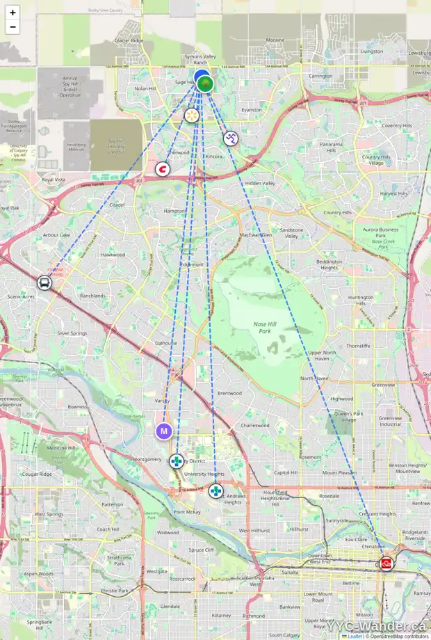 Daily accessibility map for 161 SAGE BLUFF CL NW, Calgary showing nearby schools, grocery stores, parks, LRT stations and nearby amenities