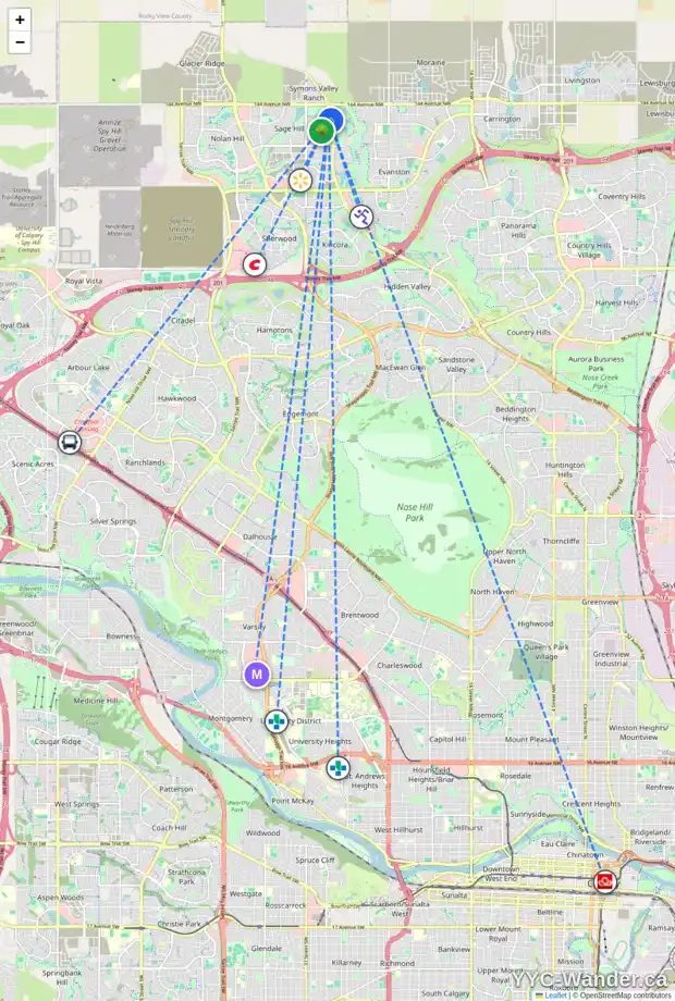 Daily accessibility map for 147 SAGE BLUFF GR NW, Calgary showing nearby schools, grocery stores, parks, LRT stations and nearby amenities