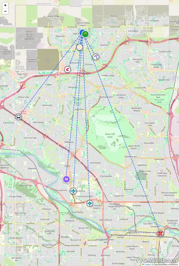 Daily accessibility map for 80 SAGE BLUFF CL NW, Calgary showing nearby schools, grocery stores, parks, LRT stations and nearby amenities