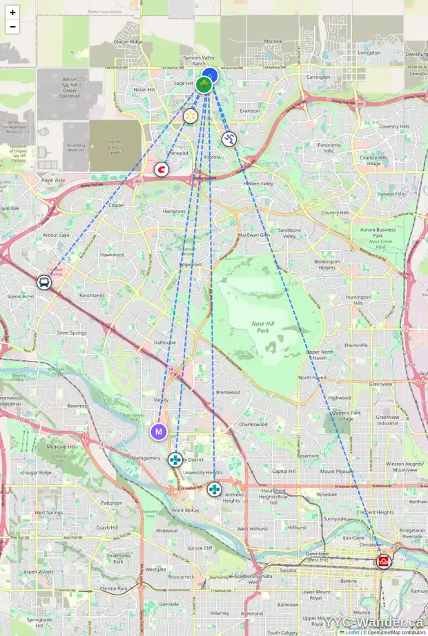 Daily accessibility map for 123 SAGE BLUFF GR NW, Calgary showing nearby schools, grocery stores, parks, LRT stations and nearby amenities