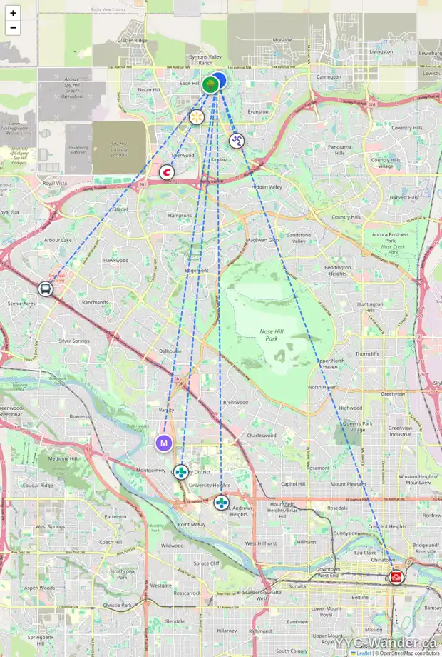 Daily accessibility map for 55 SAGE BLUFF ME NW, Calgary showing nearby schools, grocery stores, parks, LRT stations and nearby amenities