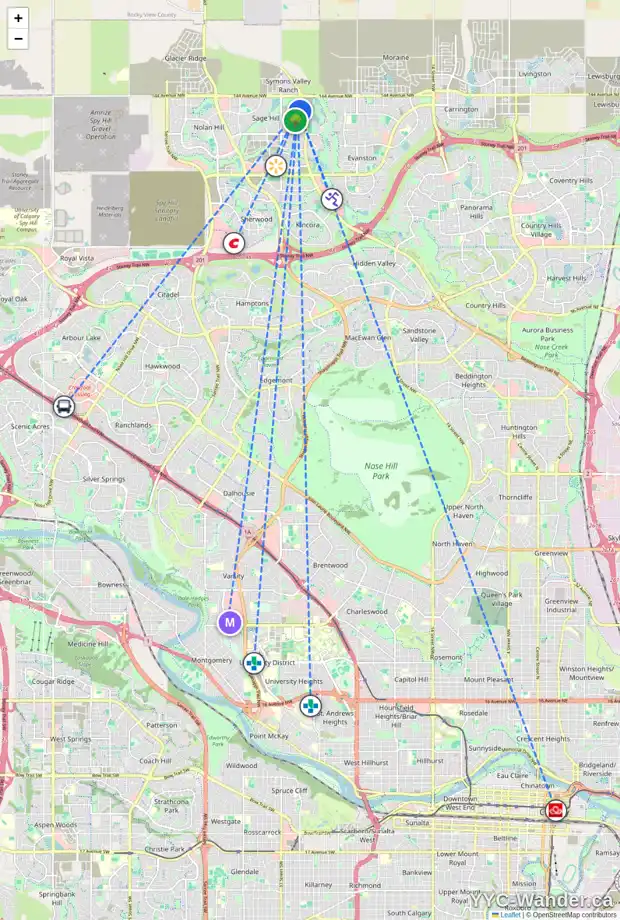 Daily accessibility map for 6 SAGE BLUFF LI NW, Calgary showing nearby schools, grocery stores, parks, LRT stations and nearby amenities