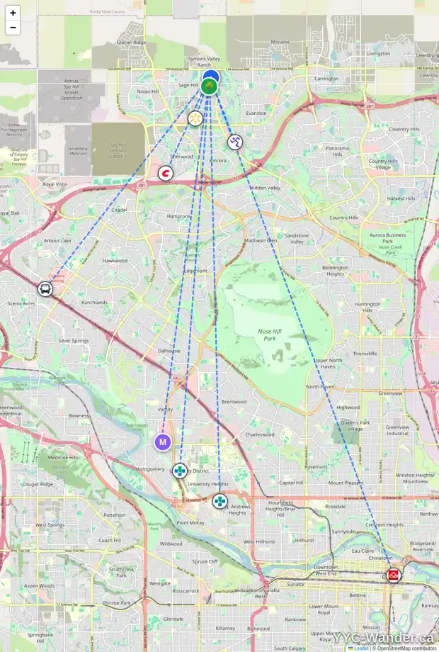 Daily accessibility map for 27 SAGE BLUFF LI NW, Calgary showing nearby schools, grocery stores, parks, LRT stations and nearby amenities