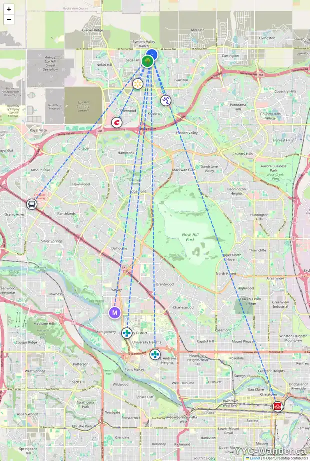 Daily accessibility map for 127 SAGE BLUFF GR NW, Calgary showing nearby schools, grocery stores, parks, LRT stations and nearby amenities