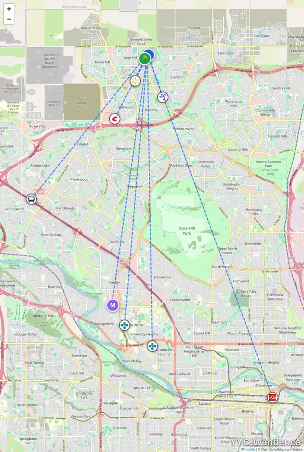 Daily accessibility map for 17 SAGE BLUFF ME NW, Calgary showing nearby schools, grocery stores, parks, LRT stations and nearby amenities
