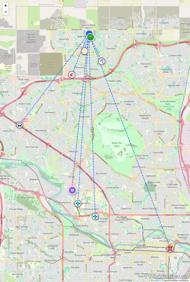 Daily accessibility map for 19 SAGE BLUFF GR NW, Calgary showing nearby schools, grocery stores, parks, LRT stations and nearby amenities