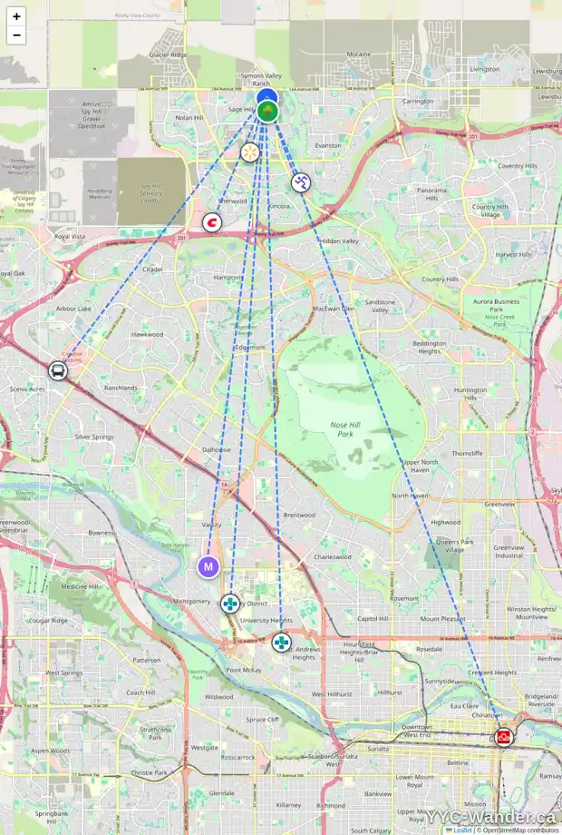 Daily accessibility map for 47 SAGE BLUFF GR NW, Calgary showing nearby schools, grocery stores, parks, LRT stations and nearby amenities