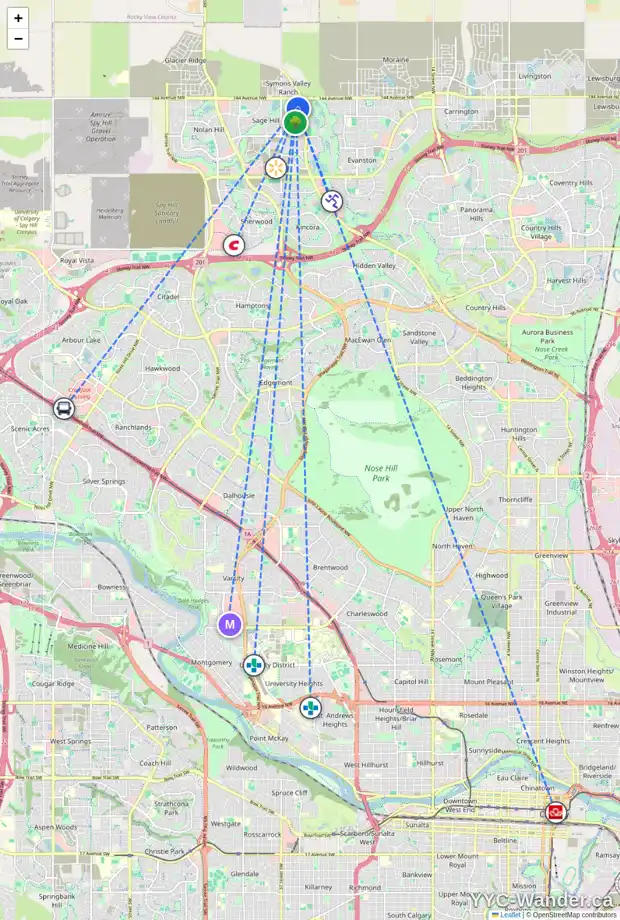 Daily accessibility map for 71 SAGE BLUFF GR NW, Calgary showing nearby schools, grocery stores, parks, LRT stations and nearby amenities