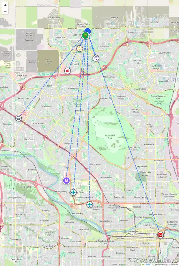 Daily accessibility map for 115 SAGE BLUFF GR NW, Calgary showing nearby schools, grocery stores, parks, LRT stations and nearby amenities