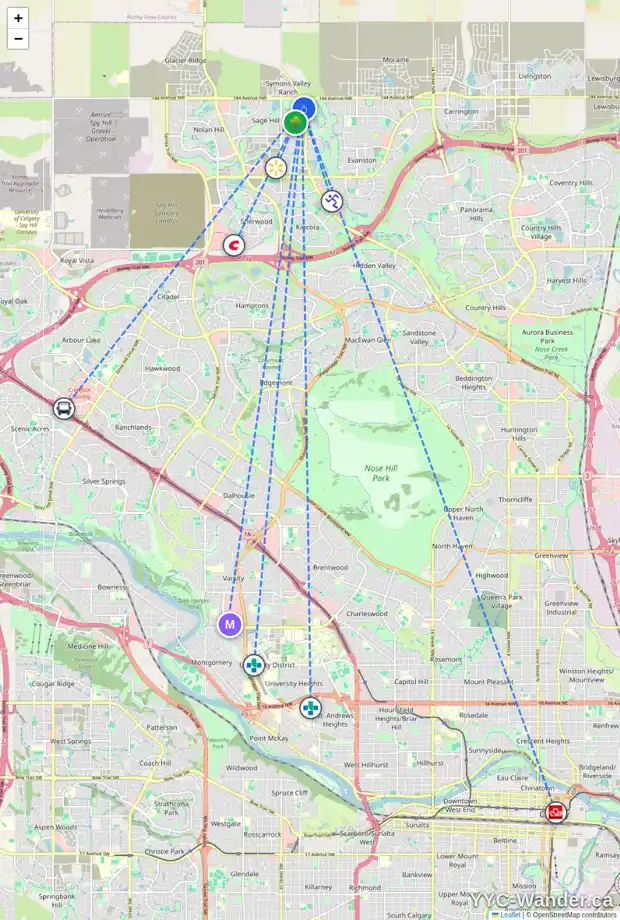 Daily accessibility map for 119 SAGE BLUFF GR NW, Calgary showing nearby schools, grocery stores, parks, LRT stations and nearby amenities