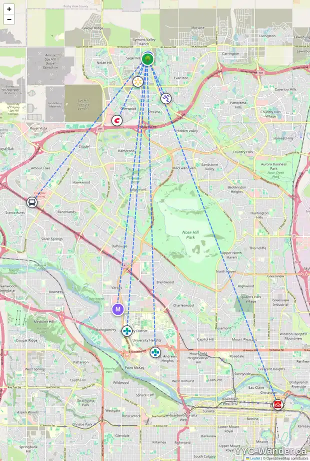 Daily accessibility map for 23 SAGE BLUFF VW NW, Calgary showing nearby schools, grocery stores, parks, LRT stations and nearby amenities