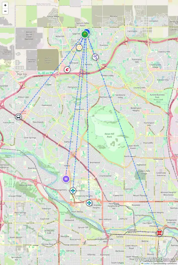 Daily accessibility map for 37 SAGE BLUFF BV NW, Calgary showing nearby schools, grocery stores, parks, LRT stations and nearby amenities