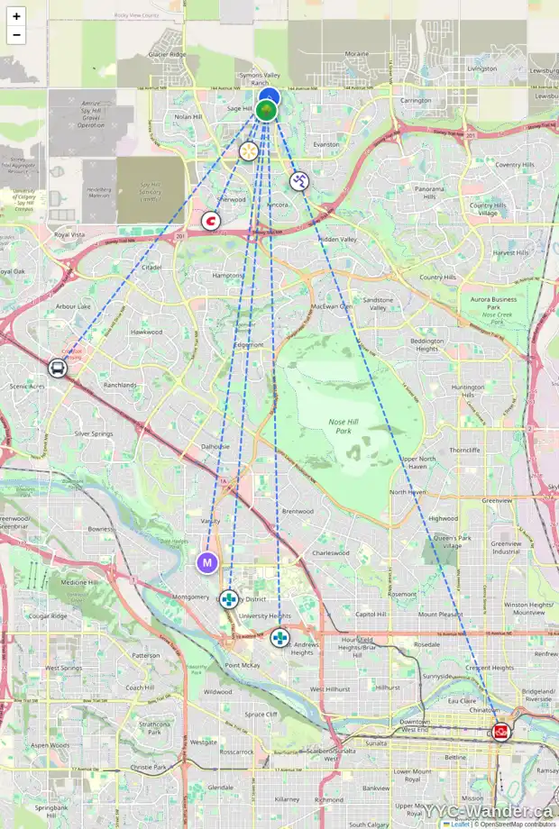 Daily accessibility map for 79 SAGE BLUFF GR NW, Calgary showing nearby schools, grocery stores, parks, LRT stations and nearby amenities