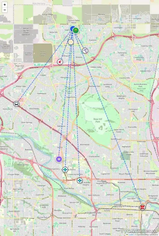 Daily accessibility map for 85 SAGE BLUFF CL NW, Calgary showing nearby schools, grocery stores, parks, LRT stations and nearby amenities