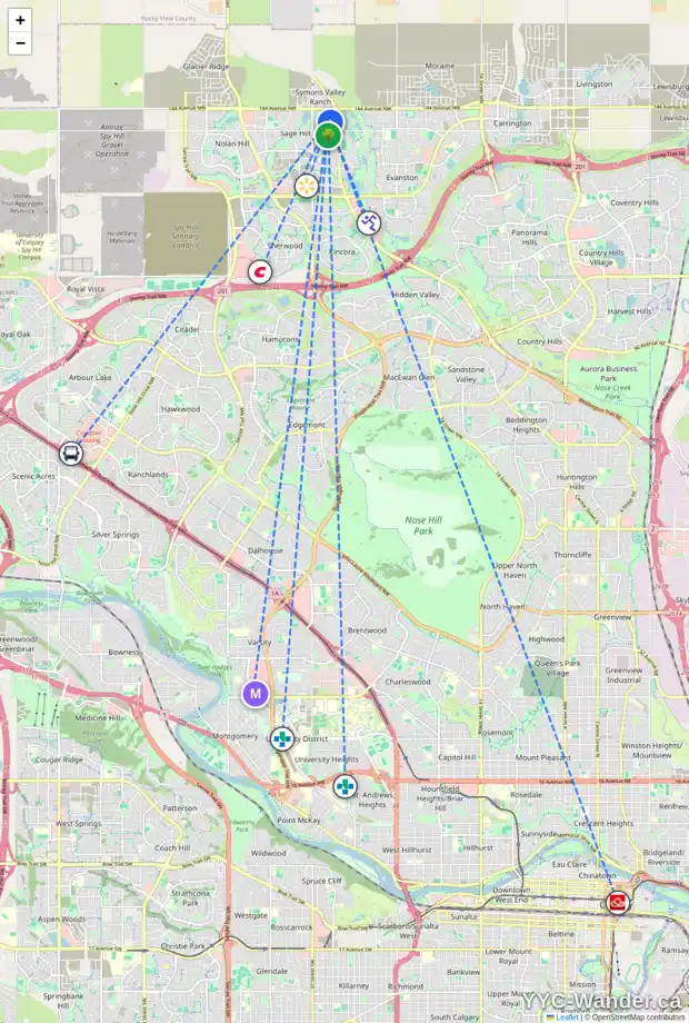 Daily accessibility map for 68 SAGE BLUFF GR NW, Calgary showing nearby schools, grocery stores, parks, LRT stations and nearby amenities