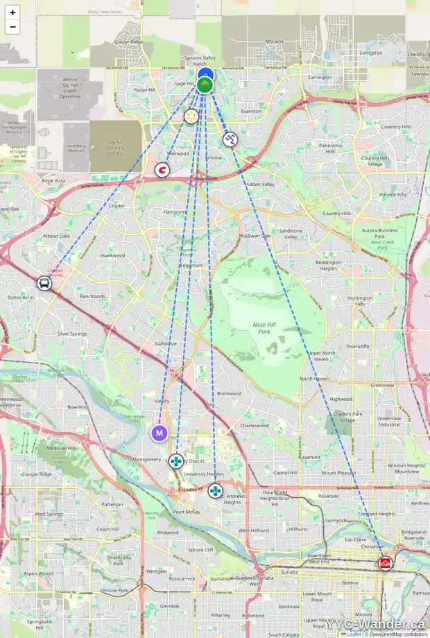 Daily accessibility map for 59 SAGE BLUFF GR NW, Calgary showing nearby schools, grocery stores, parks, LRT stations and nearby amenities