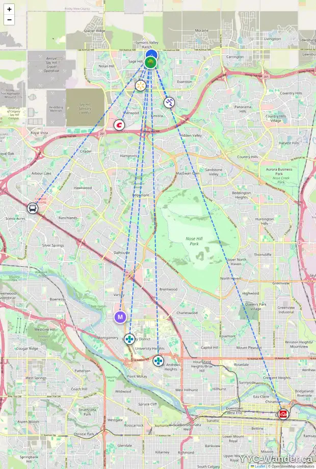 Daily accessibility map for 67 SAGE BLUFF GR NW, Calgary showing nearby schools, grocery stores, parks, LRT stations and nearby amenities