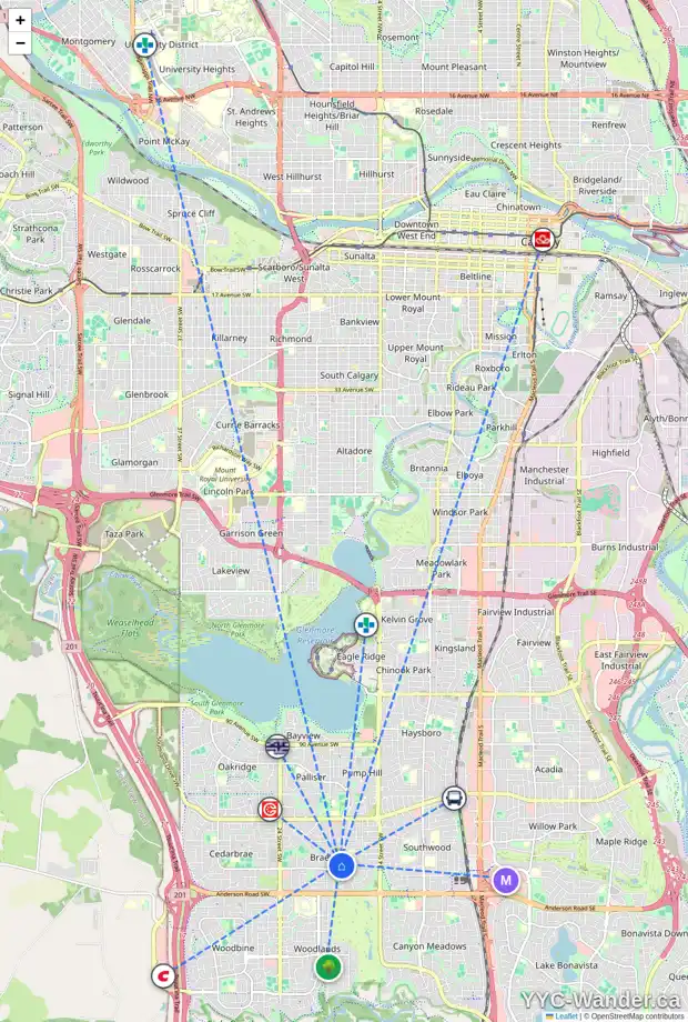 Daily accessibility map for 11004 BRAE RD SW, Calgary showing nearby schools, grocery stores, parks, LRT stations and nearby amenities