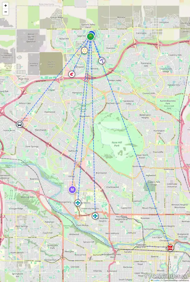 Daily accessibility map for 57 SAGE BLUFF BV NW, Calgary showing nearby schools, grocery stores, parks, LRT stations and nearby amenities