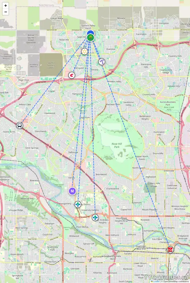 Daily accessibility map for 52 SAGE BLUFF GR NW, Calgary showing nearby schools, grocery stores, parks, LRT stations and nearby amenities