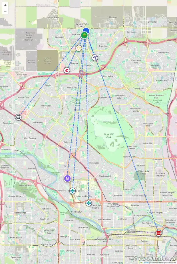 Daily accessibility map for 99 SAGE BLUFF GR NW, Calgary showing nearby schools, grocery stores, parks, LRT stations and nearby amenities