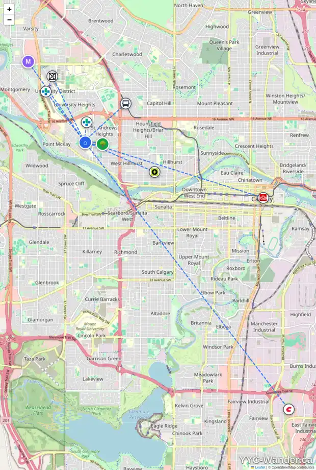 Daily accessibility map for 917 33A ST NW, Calgary showing nearby schools, grocery stores, parks, LRT stations and nearby amenities