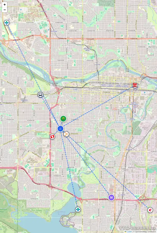 Daily accessibility map for 2127 30 AV SW, Calgary showing nearby schools, grocery stores, parks, LRT stations and nearby amenities