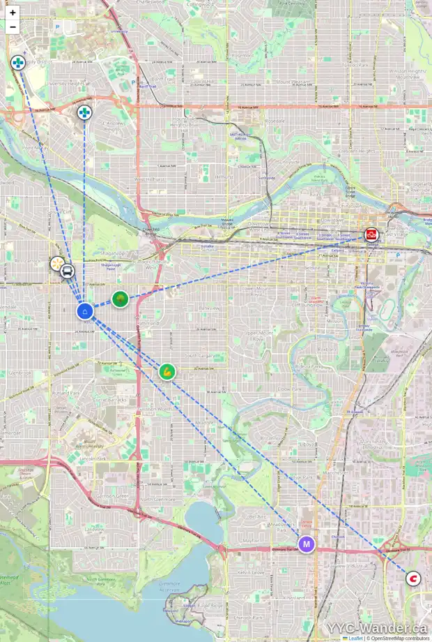 Daily accessibility map for 2230 31 ST SW, Calgary showing nearby schools, grocery stores, parks, LRT stations and nearby amenities