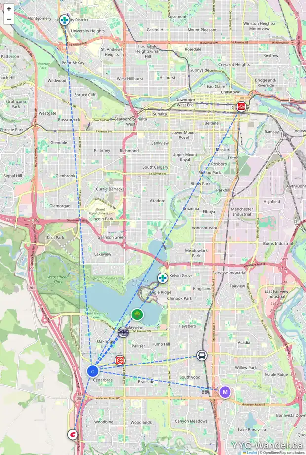 Daily accessibility map for 3241 CEDARILLE DR SW, Calgary showing nearby schools, grocery stores, parks, LRT stations and nearby amenities