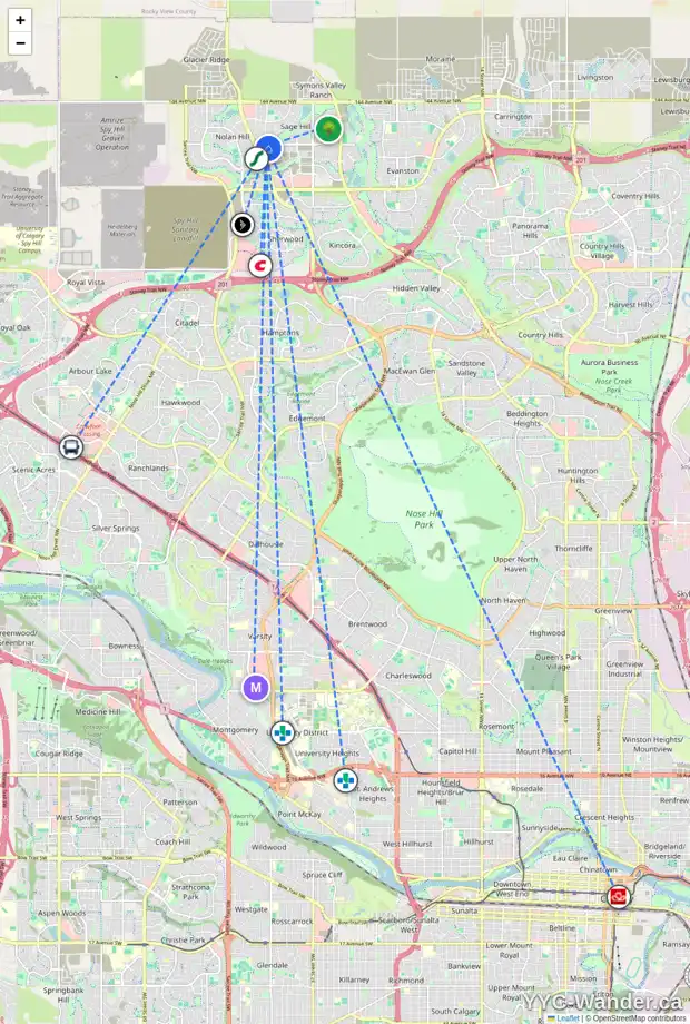 Daily accessibility map for 104 881 SAGE VALLEY BV NW, Calgary showing nearby schools, grocery stores, parks, LRT stations and nearby amenities